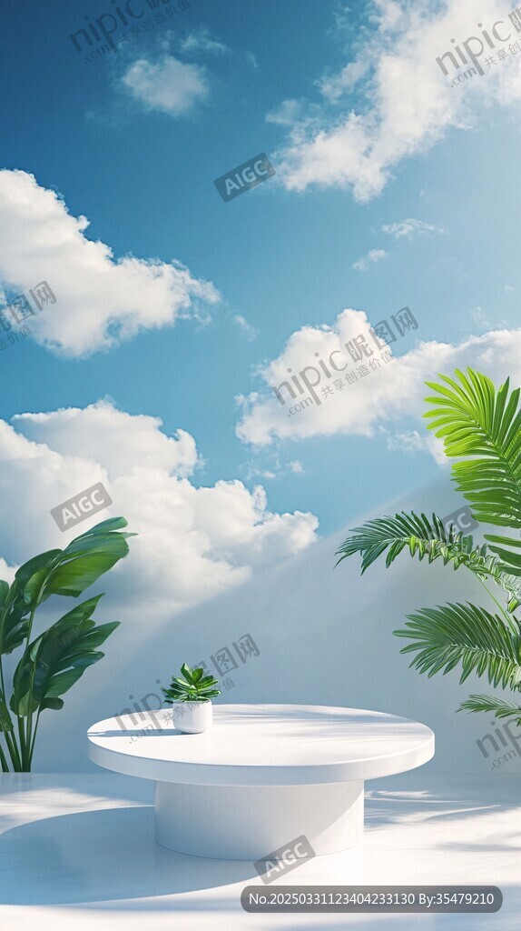 清新户外展示台与绿植蓝天