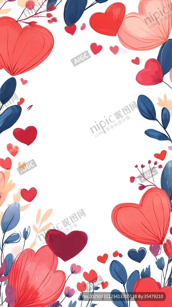 爱心花卉边框浪漫插画