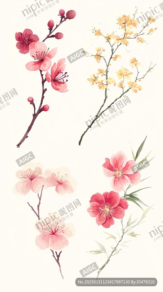 水墨风花卉插画素材