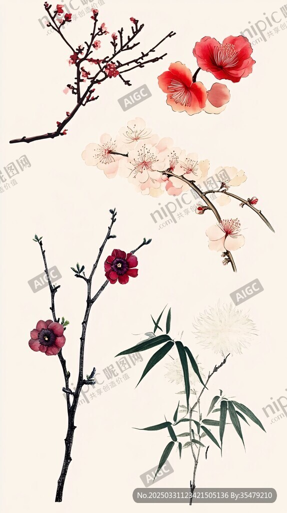 中式花卉竹子插画素材