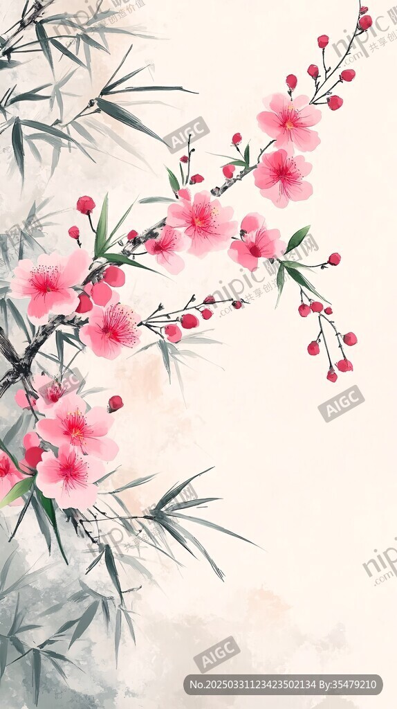 水墨桃花翠竹图