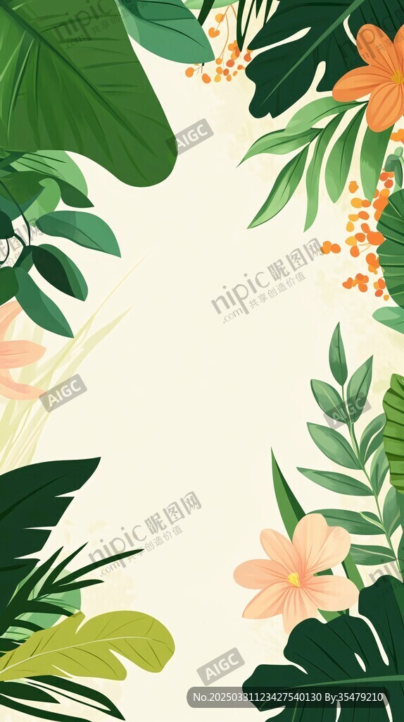 热带花卉绿植边框插画