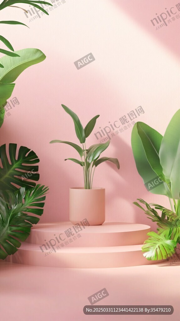 粉色空间中的绿植小景