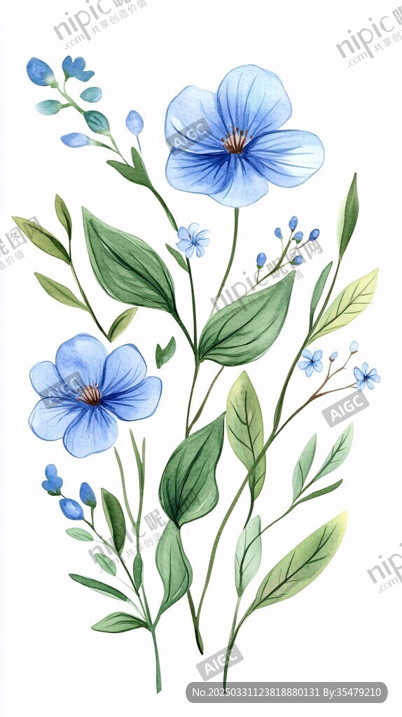 蓝色花卉水彩插画