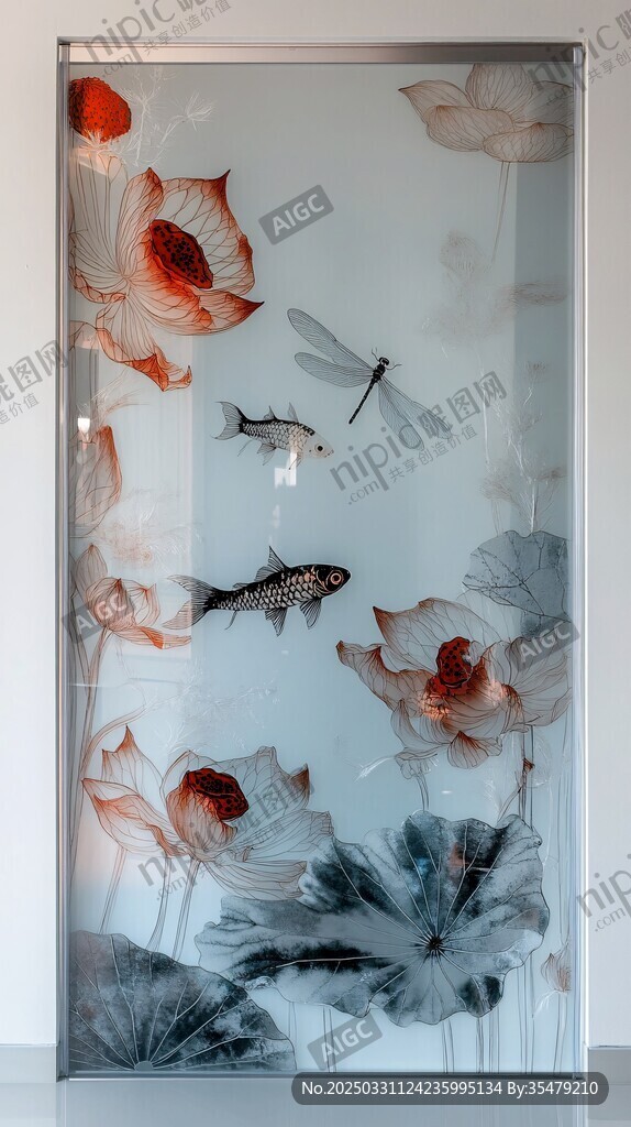 中式水墨风锦鲤荷花玻璃画