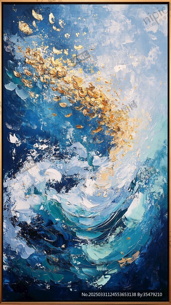 蓝色海洋金色鱼群抽象画