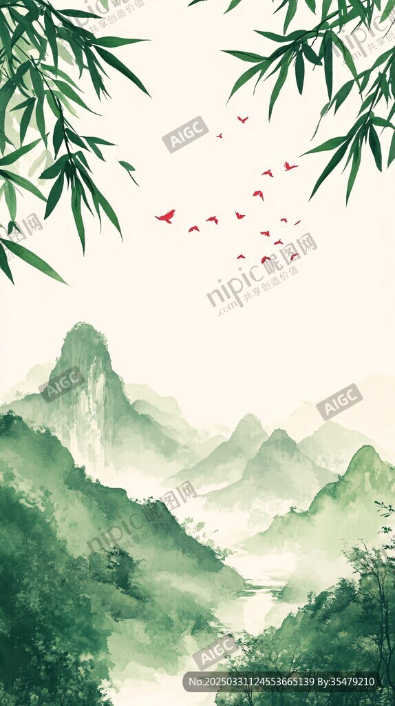 青山翠竹间飞鸟图