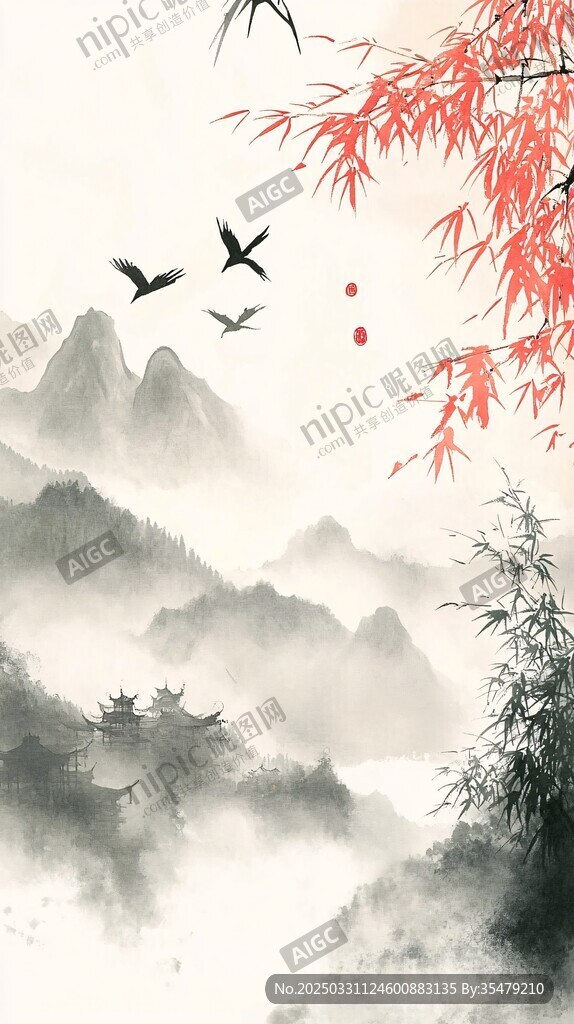 水墨山水间飞鸟红叶景致