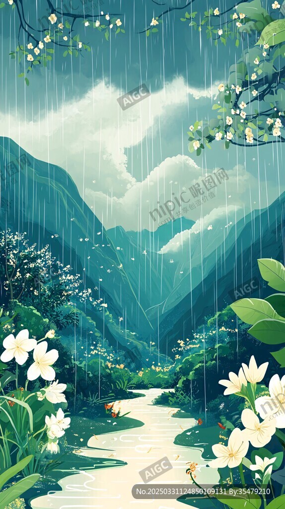山间春雨图 清新自然景致