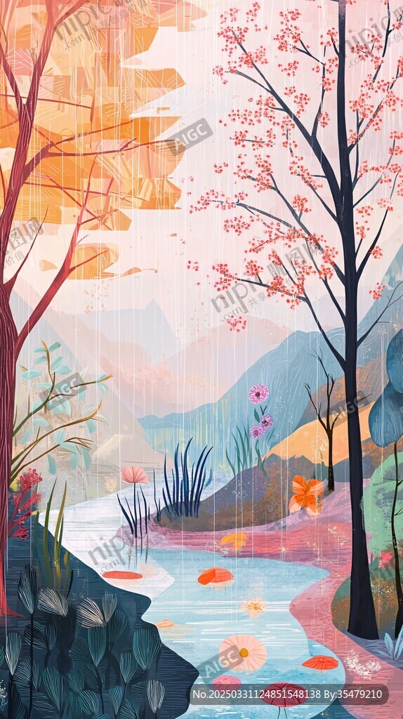 春日河畔烂漫风景插画