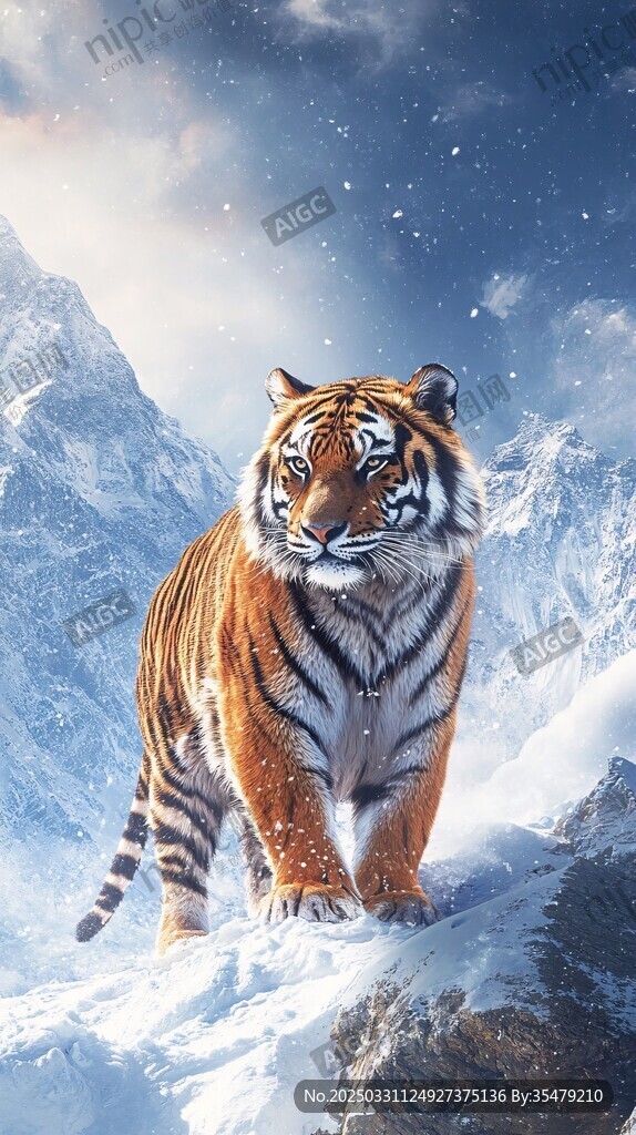 雪岭王者 猛虎傲立雪山间