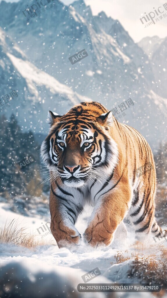 雪野中独行的威武老虎