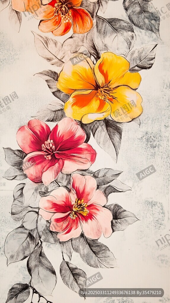 手绘多彩花卉与墨色叶片