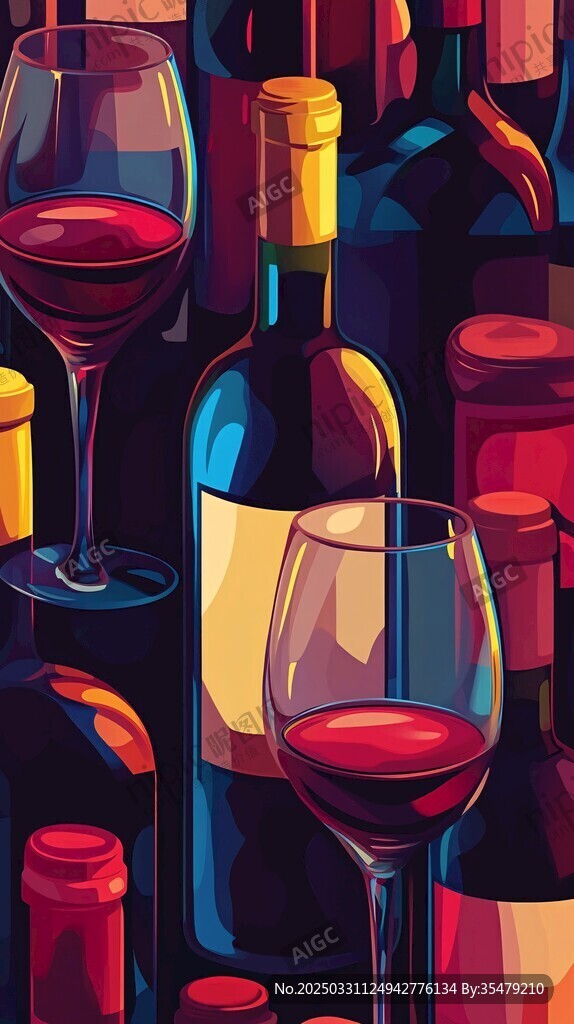 多彩葡萄酒瓶与酒杯插画