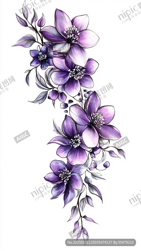 紫色花卉优雅插画图案