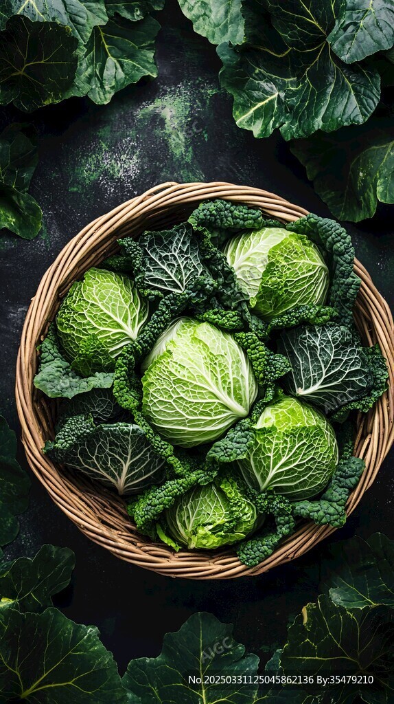 篮中鲜绿卷心菜与菜叶