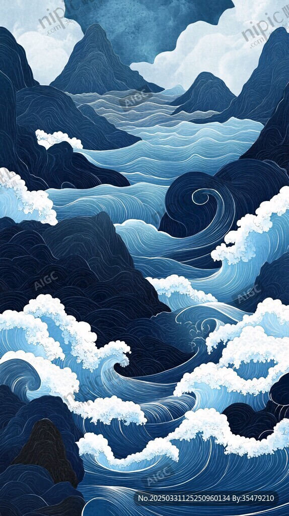 海浪翻涌的山海奇幻图景
