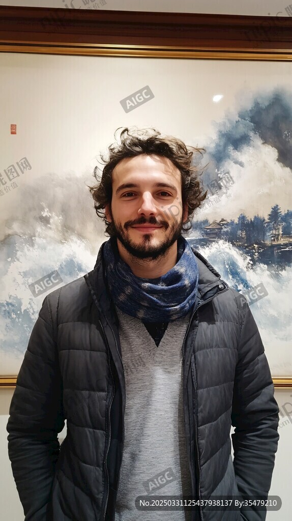 男子微笑立于画作前