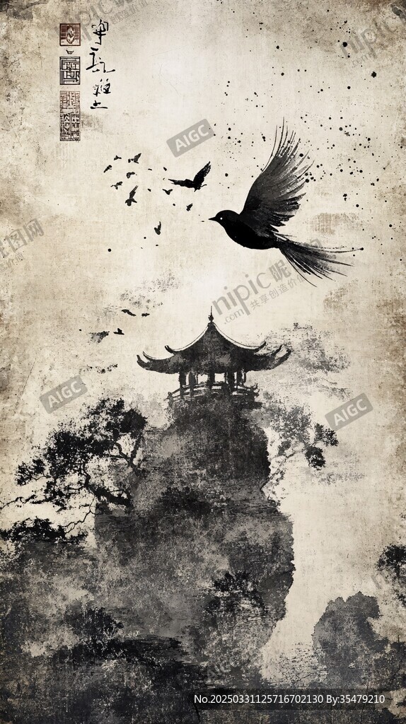 水墨飞鸟绕古亭意境图