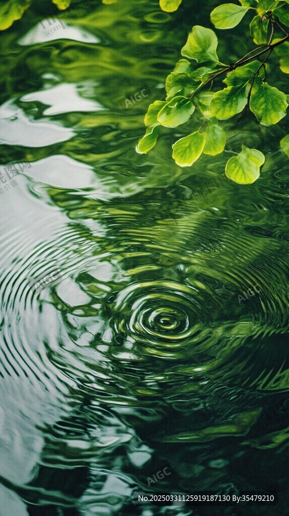 绿叶倒影下的水波纹景