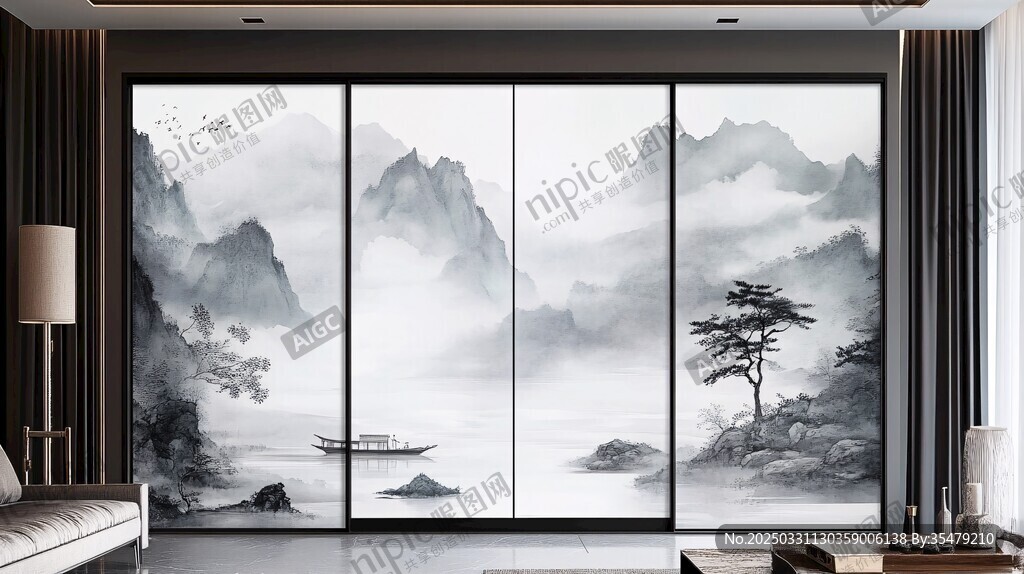 中式山水风客厅移门装饰