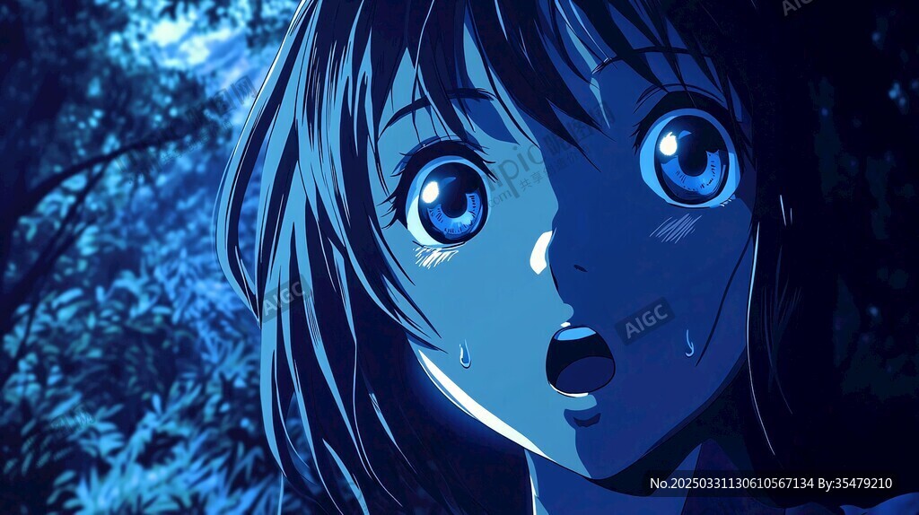 蓝调氛围下的动漫少女