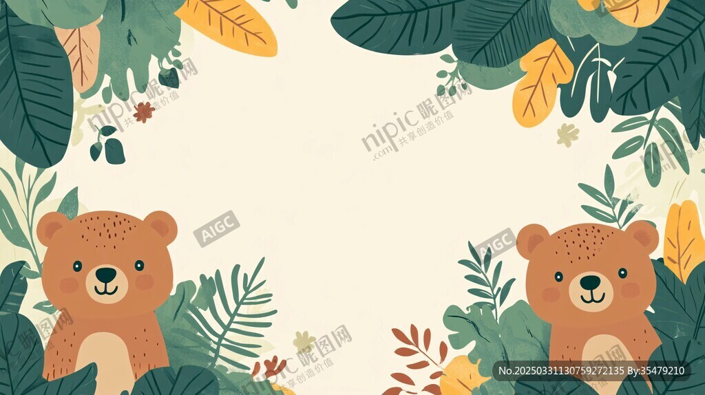 小熊与绿植的可爱插画