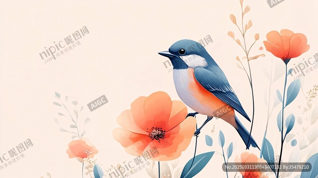 蓝鸟栖于绚烂花朵间