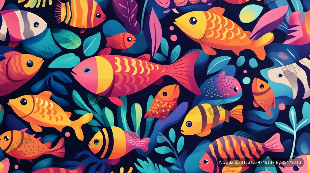 梦幻多彩海底鱼群插画