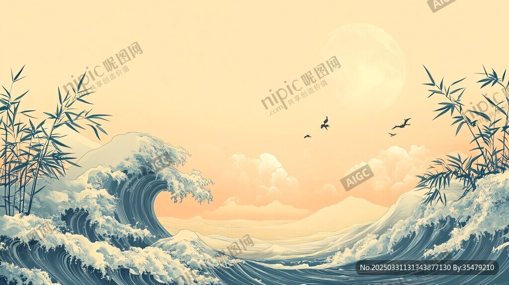 海上竹韵 浪涌飞鸟伴日