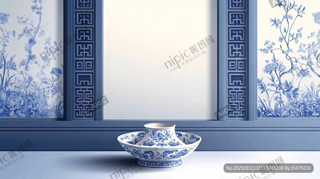 青花瓷茶具置于中式背景前