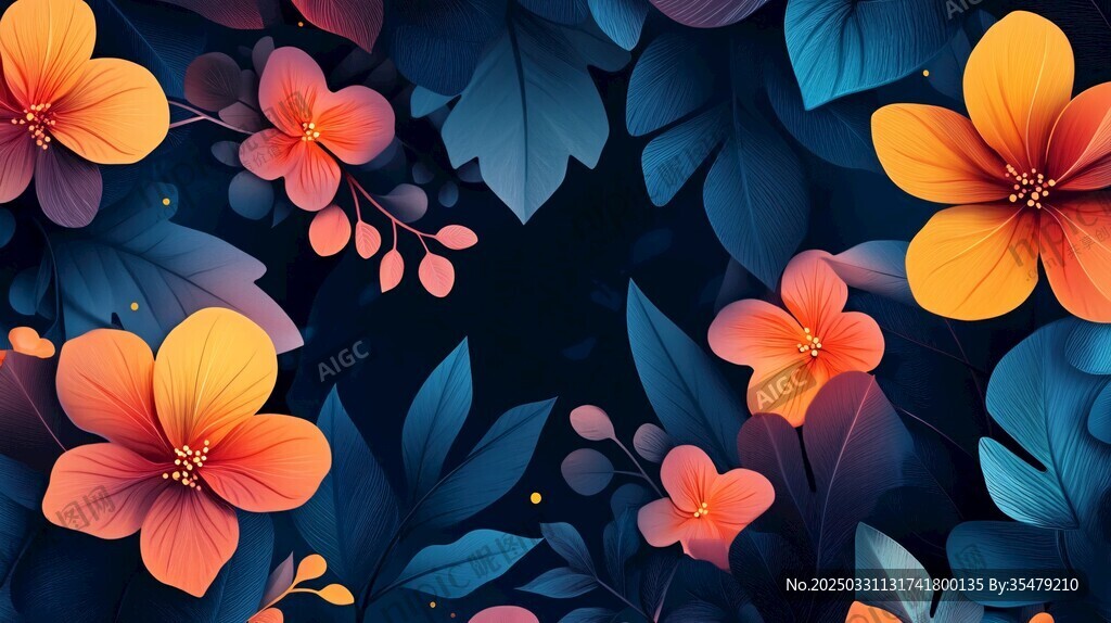 绚丽花卉与深蓝叶片插画