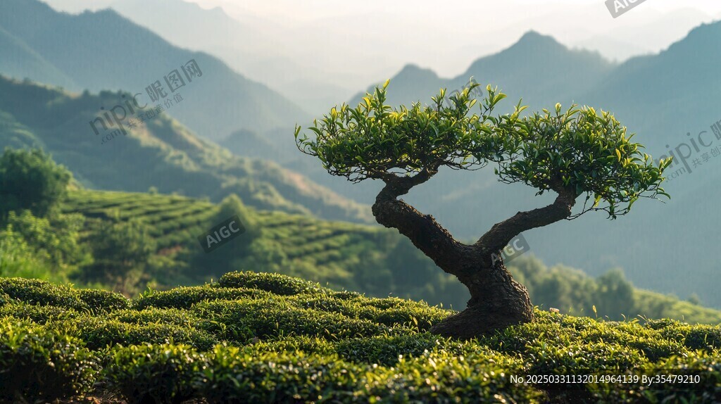 山间孤树映茶园美景