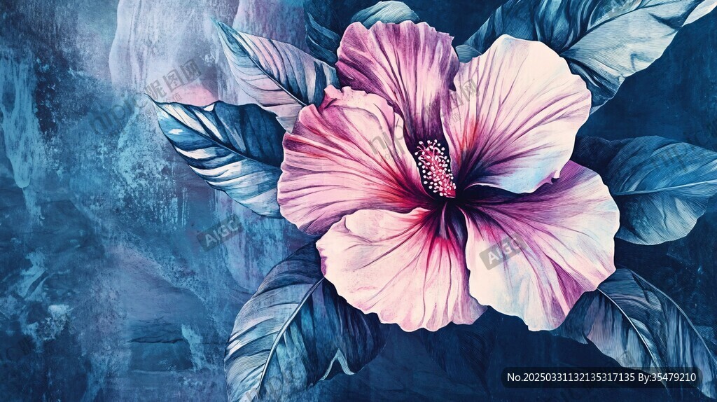 梦幻粉蓝扶桑花插画