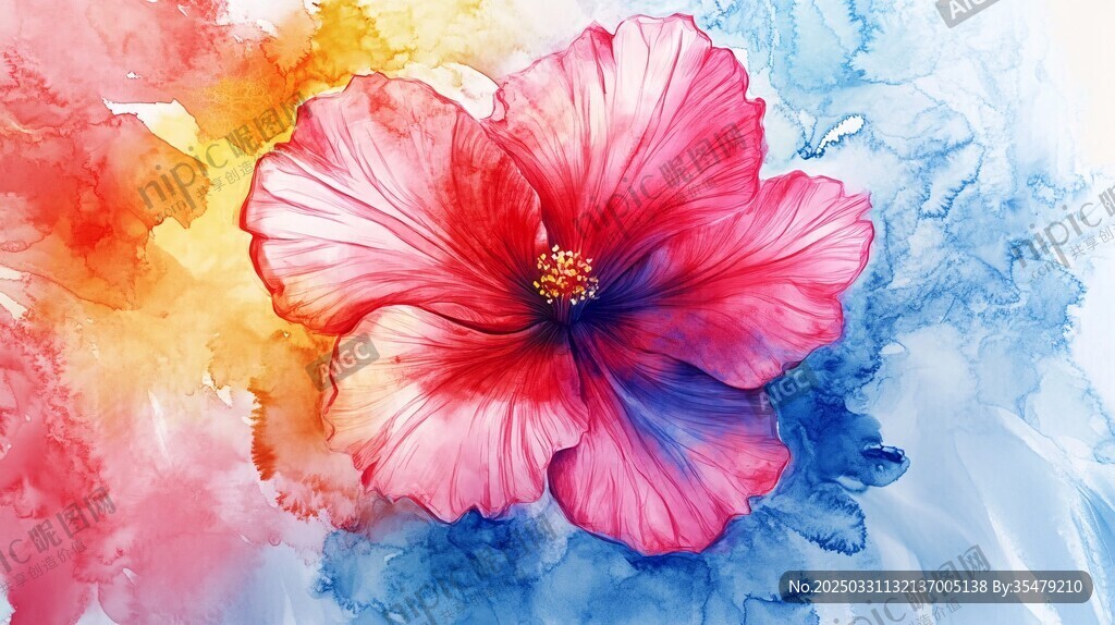 水彩绘扶桑花梦幻绽放