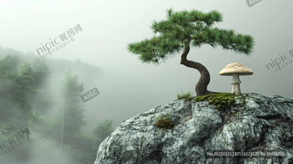 雾中岩顶的奇松与蘑菇
