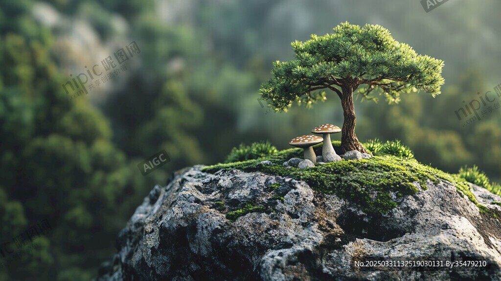 岩石上的奇幻小树与蘑菇
