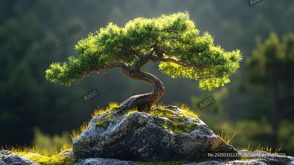 岩石上的苍劲盆景松树