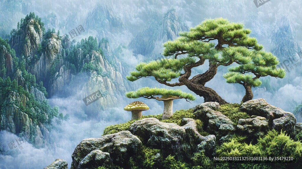 山巅劲松云雾缥缈之景