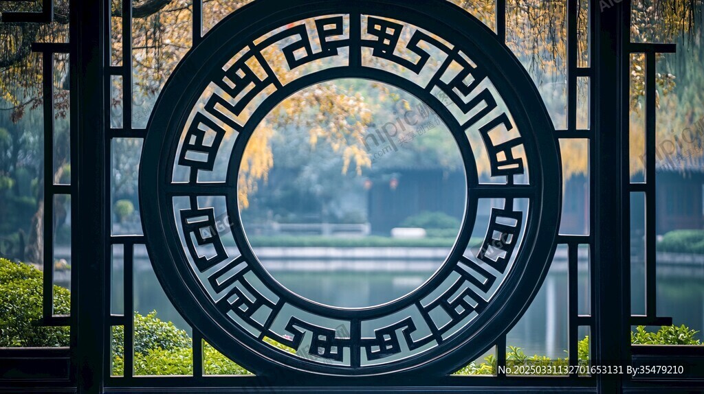 中式窗景中的园林秋景