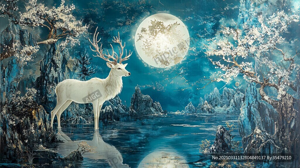 月夜白鹿奇幻森林之景