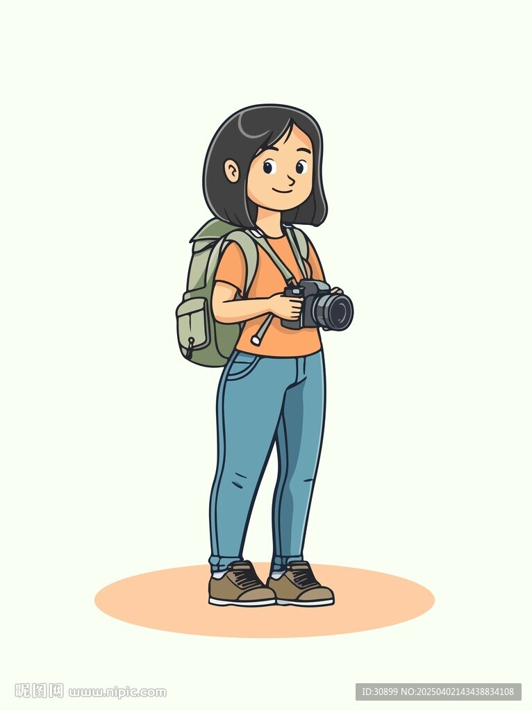 卡通手绘拿相机的女孩旅游