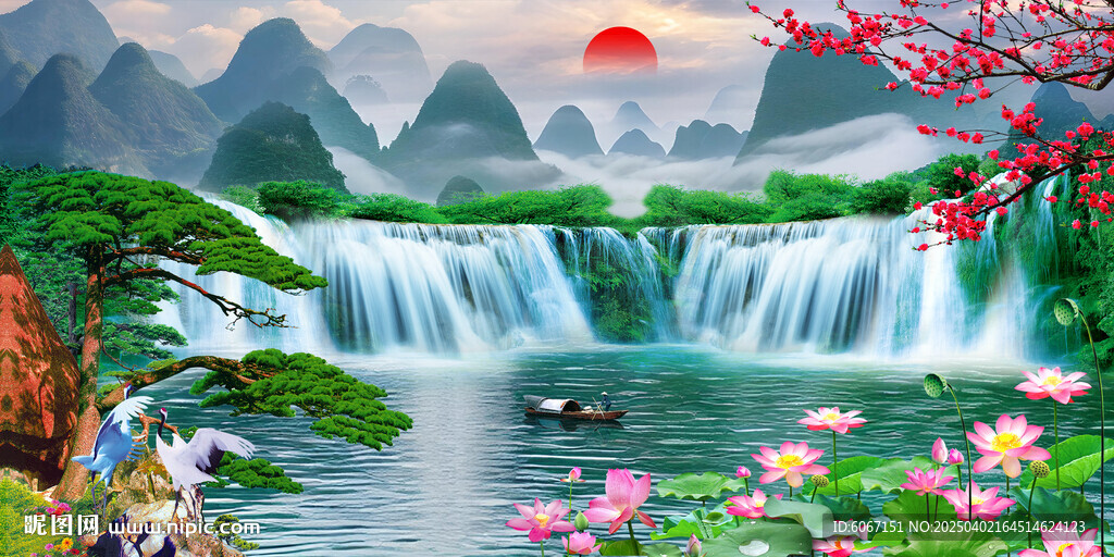 瀑布山水画