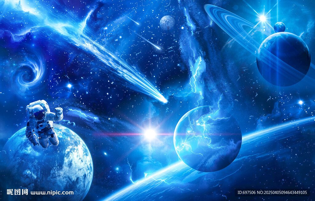 蓝色宇宙星空太空星球宇航员背景