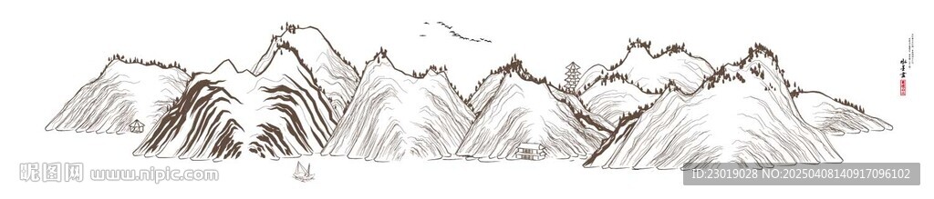 巨幅线条山水工笔线描山背景墙