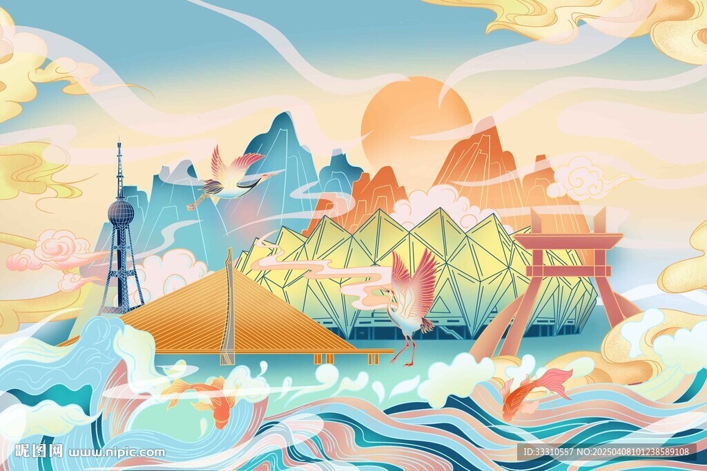 青海西宁城西区建筑物国风插画