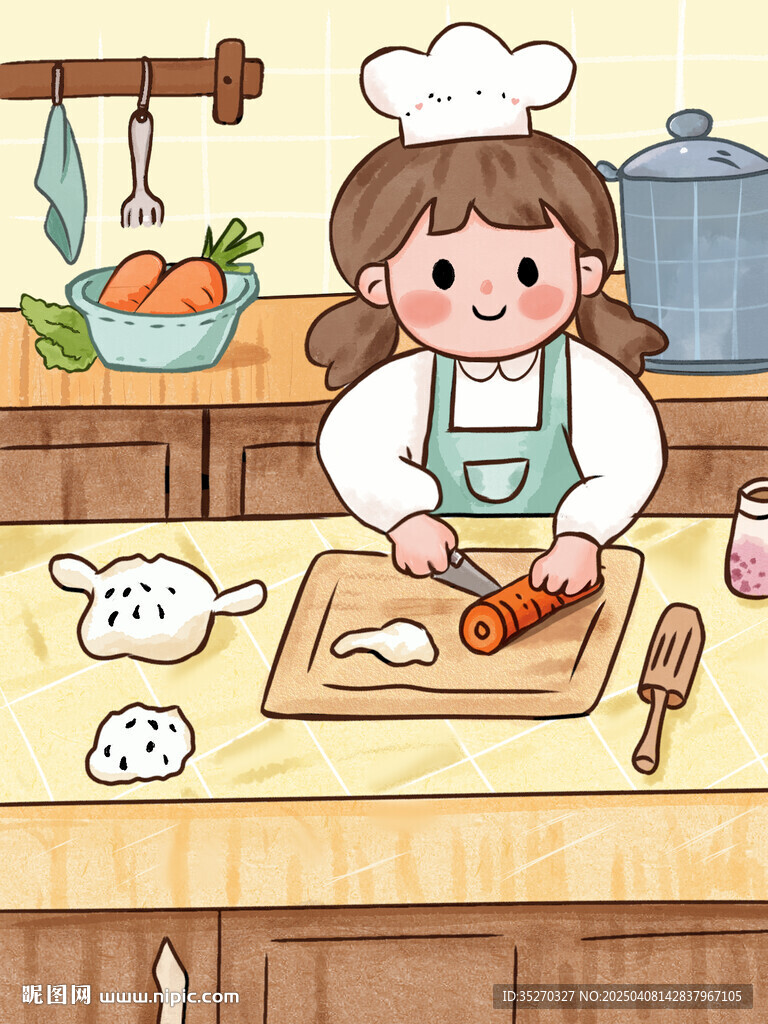 手绘卡通插画做饭的小女孩