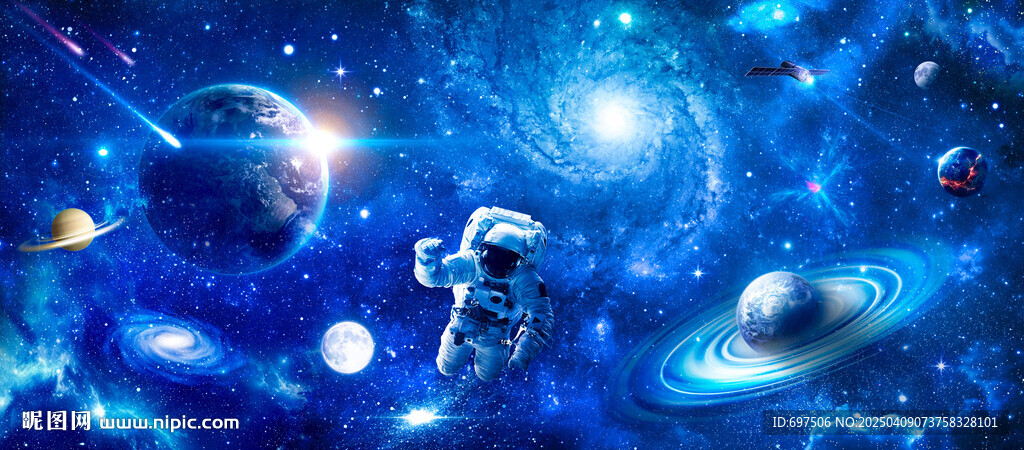 蓝色宇宙太空宇航员星球银河背景