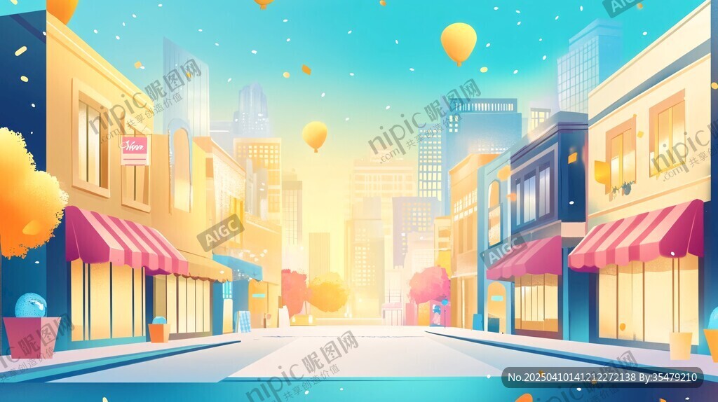 繁华城市街道插画场景