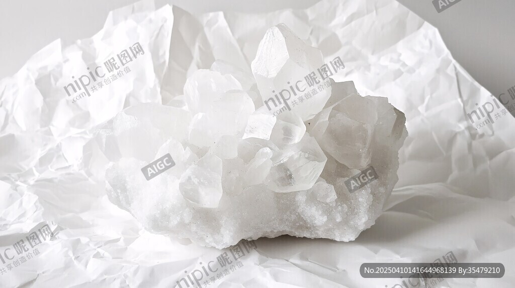 白色晶体簇置于褶皱纸中